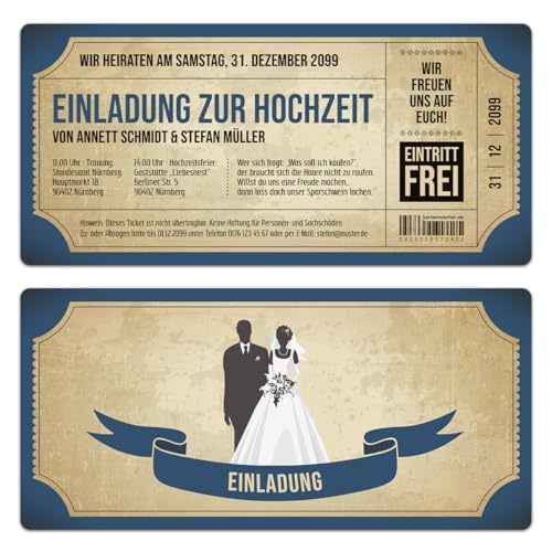 Kartenmachen.de Einladungskarten zur Hochzeit (10 Stück) als Eintrittskarte im Vintage Ticket Look Hochzeitskarten von Kartenmachen.de