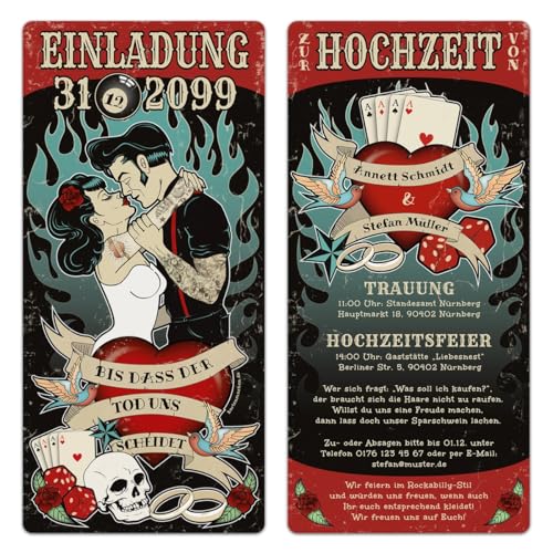 Kartenmachen.de Hochzeit Einladungen (10 Stück) - Rockabilly - Hochzeitskarten Vintage Rock 1950er von Kartenmachen.de