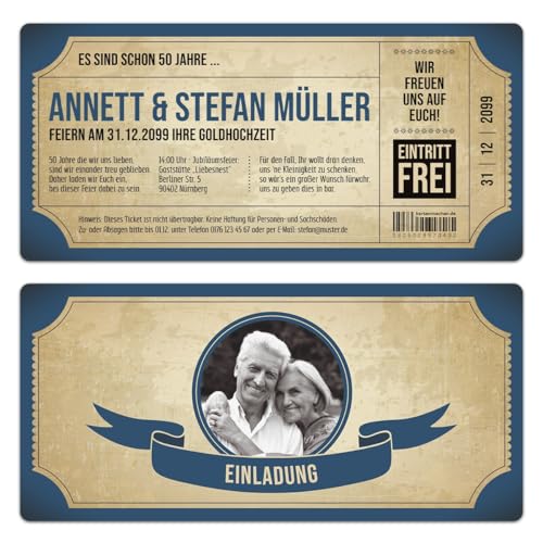 Kartenmachen.de Individuelle Foto Goldhochzeit Hochzeitseinladungen ab 10 bis 100 Stück selbst gestalten Vintage Brautpaar Blau Ticket mit Abriss von Kartenmachen.de
