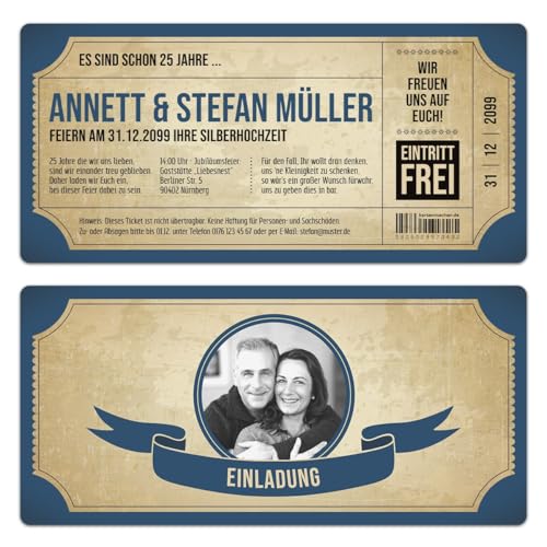 Kartenmachen.de Individuelle Foto Silberhochzeit Hochzeitseinladungen ab 10 bis 100 Stück selbst gestalten als Vintage Brautpaar Blau Ticket mit Abriss, DIN Lang 210x99mm Kartenmachen.de Individuelle Foto Silberhochzeit Hochzeitseinladungen ab 10 bis 100 Stück selbst gestalten als Vintage Brautpaar Blau Ticket mit Abriss, DIN Lang 210x99mm von Kartenmachen.de