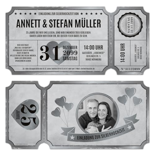 Kartenmachen.de Individuelle lasergeschnittene Foto Silberhochzeit Einladungen in Sonderform inkl. echtem Abriss Vintage Ticket Luftballons, ab 10 bis 100 Stück selbst gestalten von Kartenmachen.de