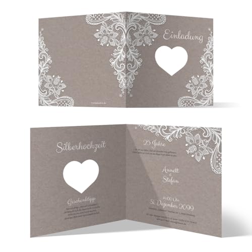 Kartenmachen.de Lasergeschnittene Hochzeitseinladungen Silberhochzeit silberne Hochzeit Einladung individuell - Rustikal Kraftpapier von Kartenmachen.de