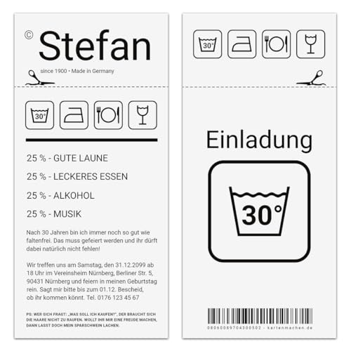 Kartenmachen.de Personalisierte 10-100x Einladungskarten runder Geburtstag 30 Jahre Grad Geburtstagseinladungen - Waschanleitung von Kartenmachen.de