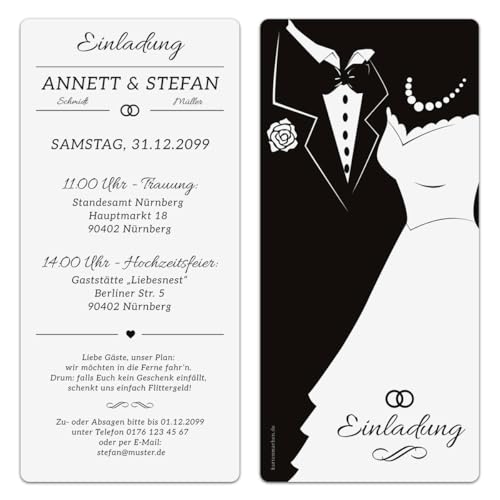 Kartenmachen.de Personalisierte Hochzeit Einladungskarten Black & White Brautpaar, ab 10 bis 100 Stück selbst gestalten, dickes Papier, DIN Lang 99x210mm Kartenmachen.de Personalisierte Hochzeit Einladungskarten Black & White Brautpaar, ab 10 bis 100 Stück selbst gestalten, dickes Papier, DIN Lang 99x210mm von Kartenmachen.de