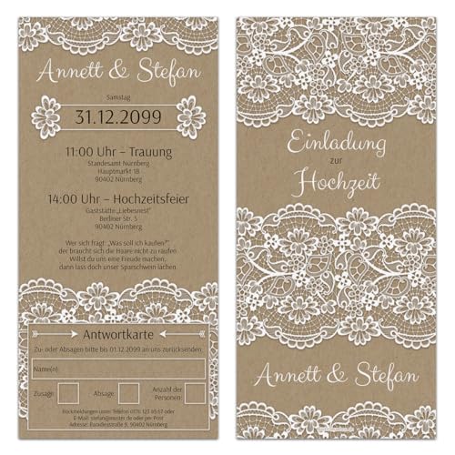 Kartenmachen.de Personalisierte Hochzeitseinladungen Antwortkarte (ab 10 Stück) - Kraftpapier Spitze - Hochzeitskarten Tickets von Kartenmachen.de