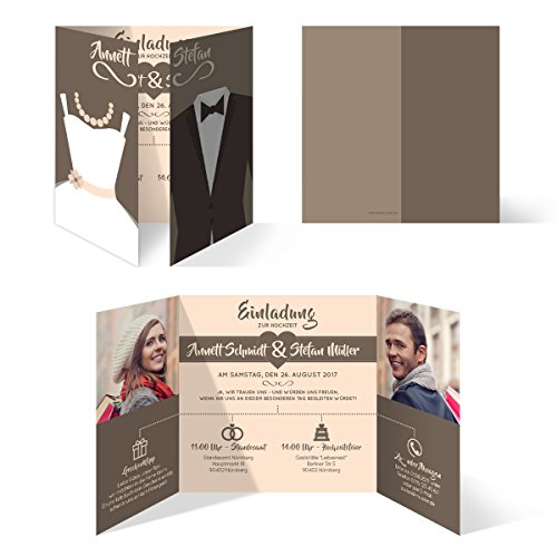 Kartenmachen.de Personalisierte Hochzeitseinladungen ab 10 Stück selbst gestalten mit Fotos und Text - Braut und Bräutigam Altarfalz - Hochzeitskarten in Braun von Kartenmachen.de