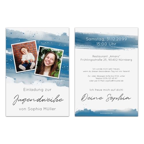 Kartenmachen.de Personalisierte Jugendweihe Einladungskarten Foto Aquarell mit eigenem Text und Foto DIN A6, dickes Papier von Kartenmachen.de