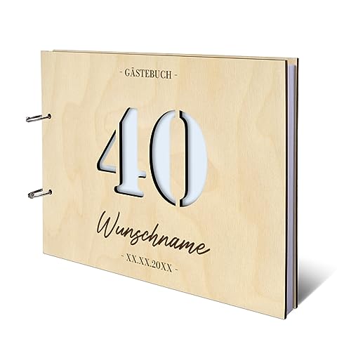 Lasergeschnittenes Geburtstag Gästebuch Birkensperrholz Gravur individuell Holzcover mit 72 Blatt | 144 Seiten DIN A4 quer 302x215mm - 40 Jahre von Kartenmachen.de