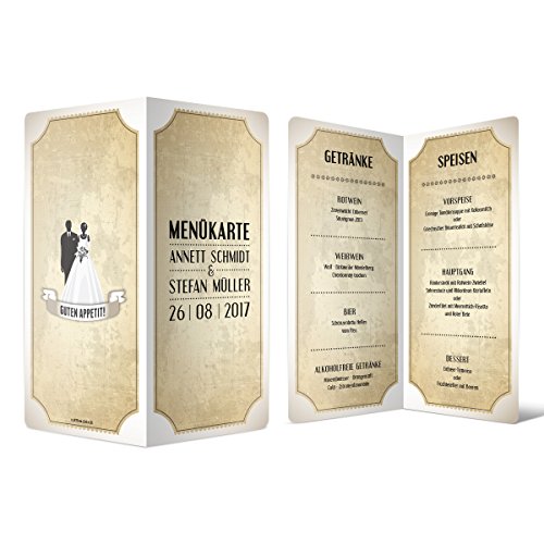 Menükarten Hochzeit (10 Stück) - Vintage Brautpaar - Speisekarte Getränkekarte in Weiß von Kartenmachen.de