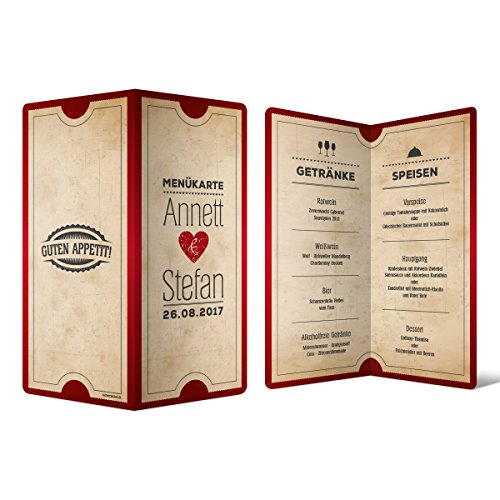 Menükarten Hochzeit (20 Stück) - Vintage Herz - Speisekarte Getränkekarte in Rot von Kartenmachen.de
