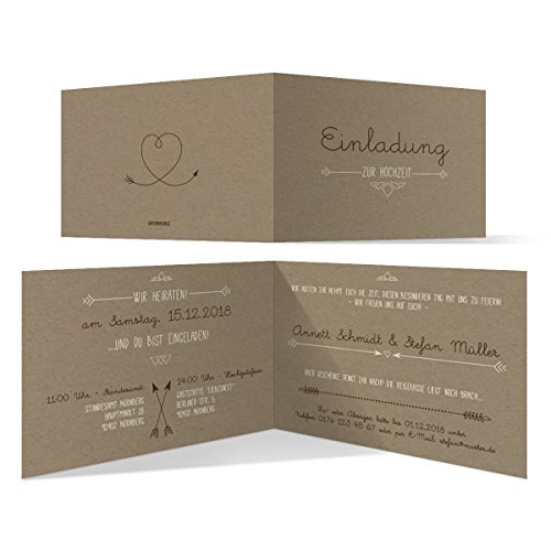Personalisierte 10-100 Stück Hochzeit Einladungskarten Hochzeitskarten Klappkarten - Pfeil mit Herz Kraftpapier Look von Kartenmachen.de
