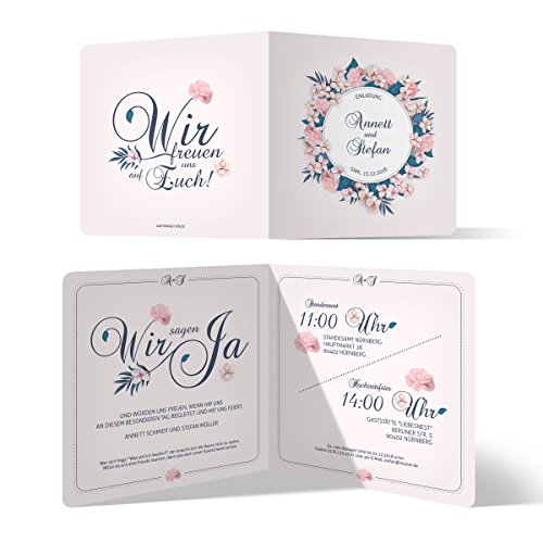 Personalisierte 10-100x Stück Hochzeitseinladungen/Einladungskarten zur Hochzeit Einladung individuell - Blumen Romantik Motiv, Klappkarte Quadrat 148x148mm, dickes 300g/qm Papier Personalisierte 10-100x Stück Hochzeitseinladungen/Einladungskarten zur Hochzeit Einladung individuell - Blumen Romantik Motiv, Klappkarte Quadrat 148x148mm, dickes 300g/qm Papier von Kartenmachen.de