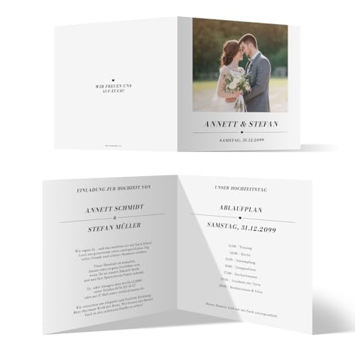 Personalisierte Foto Einladungskarten Hochzeit (10-100 Stück) - Clean Timeline - Klappkarten, Hochzeitseinladungen 148x148mm, dickes 300g/qm Papier von Kartenmachen.de