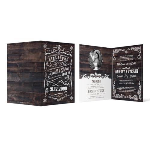 Personalisierte Foto Hochzeitseinladungen "Holz Western" ab 10-100 Stück selbst individuell gestalten, DIN A6 148x105mm Klappkarte mit eigenem Bild, dickes Papier von Kartenmachen.de