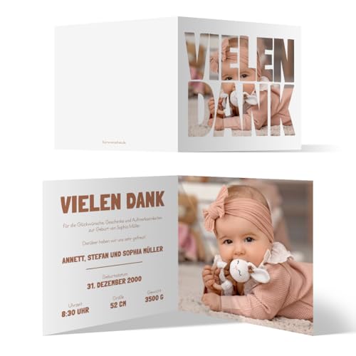 Personalisierte Geburtskarten Babykarten Danksagung Dankeskarte Geburt Mädchen Junge - Fotoschrift, ab 10 Stück, großes Foto 148x148mm Klappkarten, Dickes Papier von Kartenmachen.de