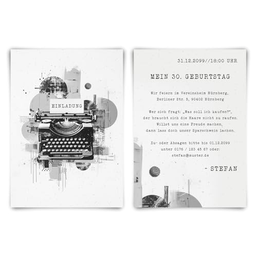 Personalisierte Geburtstag Einladungskarten im kreativen "Retro Schreibmaschine" Motiv, DIN A6 hoch, abgerundete Ecken, 300g/qm Kartonpapier, Umschläge optional von Kartenmachen.de
