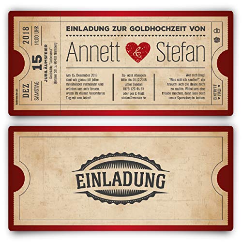 Personalisierte Goldhochzeit Hochzeitseinladungen goldene Hochzeit Einladungskarten als Ticket mit echtem Abrissstreifen - Vintage Herz Rot ab 10 Stück Set Personalisierte Goldhochzeit Hochzeitseinladungen goldene Hochzeit Einladungskarten als Ticket mit echtem Abrissstreifen - Vintage Herz Rot ab 10 Stück Set von Kartenmachen.de