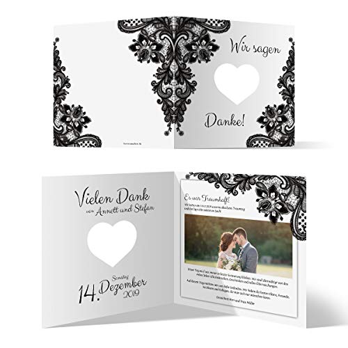 Personalisierte Hochzeit Dankeskarten Foto und Text individuell Herz ausgestanzt, Klappkarten 148x148mm, ab 10 Stück Menge wählbar - Rustikal Schwarz Weiß Personalisierte Hochzeit Dankeskarten Foto und Text individuell Herz ausgestanzt, Klappkarten 148x148mm, ab 10 Stück Menge wählbar - Rustikal Schwarz Weiß von Kartenmachen.de
