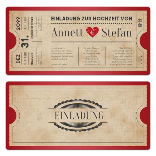 Personalisierte Hochzeitseinladungen ab 10-100 Stück selbst gestalten als Ticket Eintrittskarte "Vintage Herz in Rot" mit echtem Abriss, Umschläge optional, 300g/qm Kartonpapier Personalisierte Hochzeitseinladungen ab 10-100 Stück selbst gestalten als Ticket Eintrittskarte "Vintage Herz in Rot" mit echtem Abriss, Umschläge optional, 300g/qm Kartonpapier von Kartenmachen.de