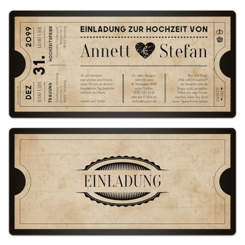 Personalisierte Hochzeitseinladungen ab 10-100 Stück selbst gestalten als Ticket Eintrittskarte "Vintage Herz in Schwarz" mit echtem Abriss, Umschläge optional, 300g/qm Kartonpapier Personalisierte Hochzeitseinladungen ab 10-100 Stück selbst gestalten als Ticket Eintrittskarte "Vintage Herz in Schwarz" mit echtem Abriss, Umschläge optional, 300g/qm Kartonpapier von Kartenmachen.de
