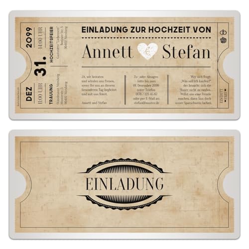 Personalisierte Hochzeitseinladungen ab 10-100 Stück selbst gestalten als Ticket Eintrittskarte "Vintage Herz in Weiß" mit echtem Abriss, Umschläge optional, 300g/qm Kartonpapier von Kartenmachen.de