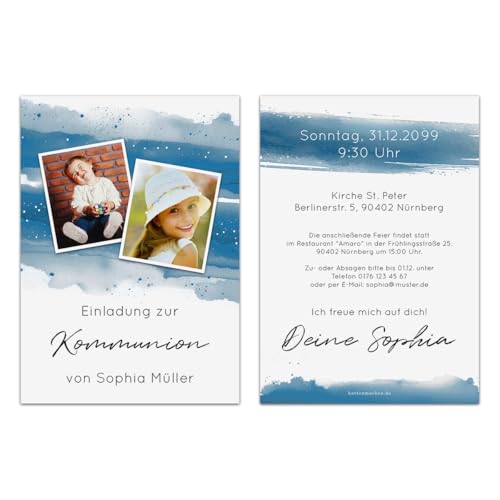 Personalisierte Kommunion Einladungskarten "Foto Aquarell" mit eigenem Text und Foto DIN A6, dickes Papier Personalisierte Kommunion Einladungskarten "Foto Aquarell" mit eigenem Text und Foto DIN A6, dickes Papier von Kartenmachen.de
