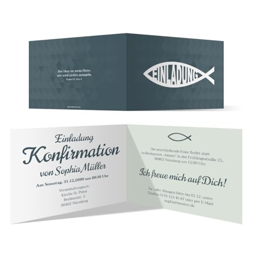 Personalisierte Konfirmation Einladungskarten "Moderner Jesus Fisch" ab 10-100 Stück selbst gestalten, Konfirmationseinladungen Klappkarten, Briefumschläge optional, DIN A6 Personalisierte Konfirmation Einladungskarten "Moderner Jesus Fisch" ab 10-100 Stück selbst gestalten, Konfirmationseinladungen Klappkarten, Briefumschläge optional, DIN A6 von Kartenmachen.de
