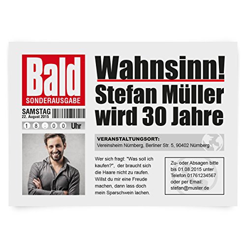 Personalisierte witzige Einladungskarten zum Geburtstag (ab 10 bis 100 Stück) als Zeitung Presse Meldung Magazin Nachrichten, DIN A6, dickes 300g/qm Papier von Kartenmachen.de
