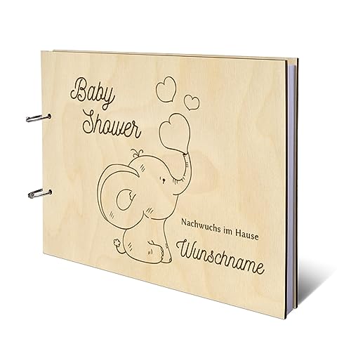 Personalisiertes Babyparty Gästebuch Holz DIN A4 Babyshower Taufe Erinnerungsbuch Gravur - Herz-Elefant - mit 72 Blatt / 144 Seiten Naturpapier Weiß Personalisiertes Babyparty Gästebuch Holz DIN A4 Babyshower Taufe Erinnerungsbuch Gravur - Herz-Elefant - mit 72 Blatt / 144 Seiten Naturpapier Weiß von Kartenmachen.de