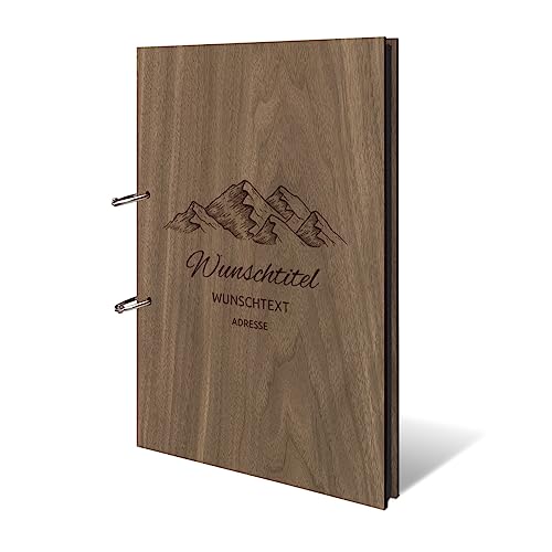 Personalisiertes Ferienwohnung Fotoalbum echtes Holz DIN A4 Besucherbuch mit Lasergravur - Berge - mit 25 Blatt / 50 Seiten Fotokarton Schwarz von Kartenmachen.de