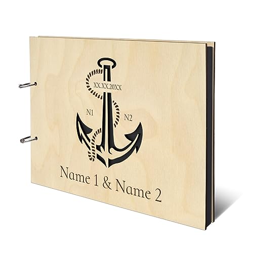 Personalisiertes Hochzeit Fotoalbum echtes Holz DIN A4 Hochzeitsbuch mit Lasergravur - Anker - mit 25 Blatt / 50 Seiten Fotokarton Schwarz Personalisiertes Hochzeit Fotoalbum echtes Holz DIN A4 Hochzeitsbuch mit Lasergravur - Anker - mit 25 Blatt / 50 Seiten Fotokarton Schwarz von Kartenmachen.de