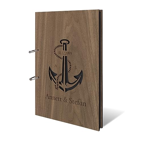 Personalisiertes Hochzeit Fotoalbum echtes Holz DIN A4 Hochzeitsbuch mit Lasergravur - Anker - mit 25 Blatt / 50 Seiten Fotokarton Schwarz von Kartenmachen.de