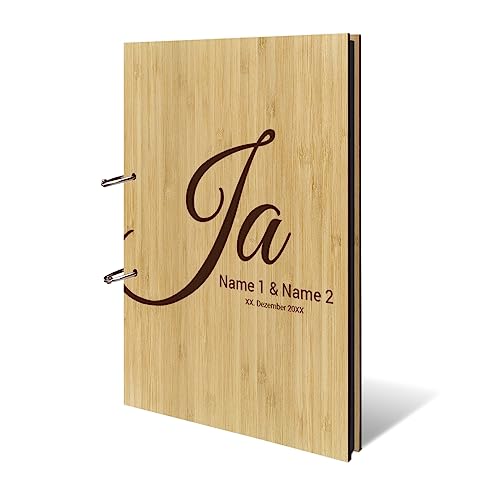 Personalisiertes Hochzeit Fotoalbum echtes Holz DIN A4 Hochzeitsbuch mit Lasergravur - Ja - mit 25 Blatt / 50 Seiten Fotokarton Schwarz von Kartenmachen.de