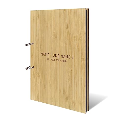Personalisiertes Hochzeit Fotoalbum echtes Holz DIN A4 Hochzeitsbuch mit Lasergravur - Schlicht - mit 25 Blatt / 50 Seiten Fotokarton Schwarz von Kartenmachen.de