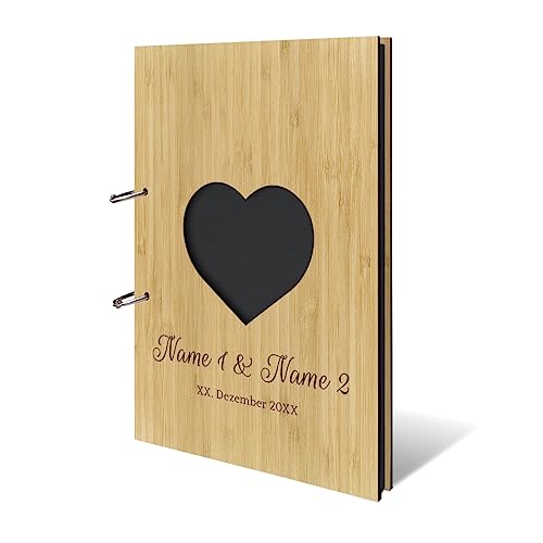 Personalisiertes Hochzeit Fotoalbum echtes Holz lasergeschnitten DIN A4 Hochzeitsbuch mit Lasergravur - Herz - mit 25 Blatt / 50 Seiten Fotokarton Schwarz von Kartenmachen.de