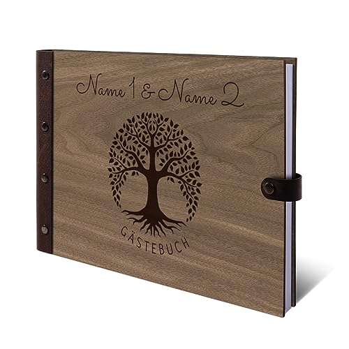 Personalisiertes Hochzeit Gästebuch Nussbaum Holz Gravur individuell Holzcover mit Lederrücken 72 Blatt | 144 Seiten DIN A4 quer 302x215mm - Lebensbaum Personalisiertes Hochzeit Gästebuch Nussbaum Holz Gravur individuell Holzcover mit Lederrücken 72 Blatt | 144 Seiten DIN A4 quer 302x215mm - Lebensbaum von Kartenmachen.de