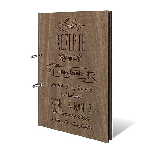 Personalisiertes Kochbuch echtes Holz DIN A4 Rezeptbuch zum selber Ausfüllen mit Lasergravur - mit 25 Blatt / 50 Seiten Fotokarton Schwarz von Kartenmachen.de
