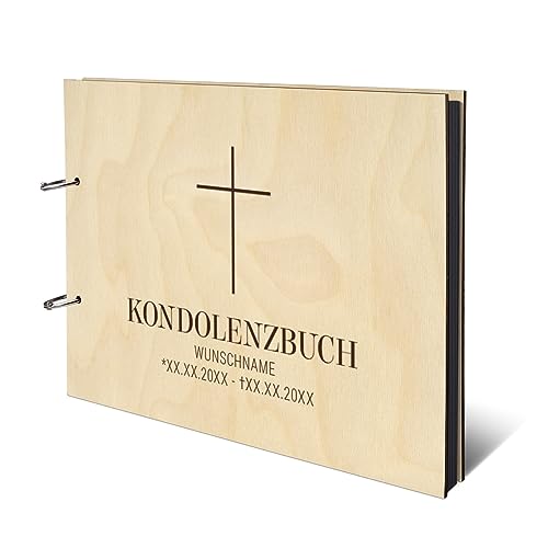 Personalisiertes Kondolenzbuch echtes Holz DIN A4 Fotoalbum mit Lasergravur - Kreuz - mit 25 Blatt / 50 Seiten Fotokarton Schwarz von Kartenmachen.de