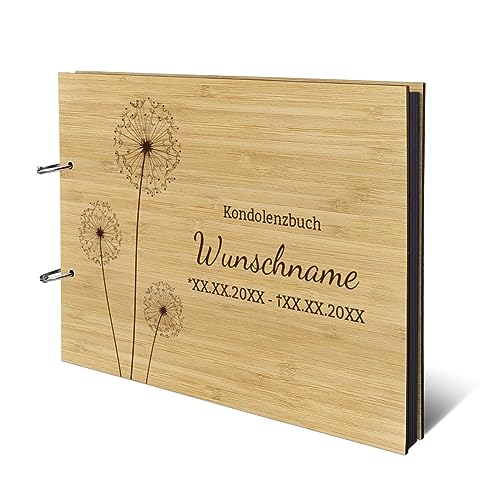 Personalisiertes Kondolenzbuch echtes Holz DIN A4 Fotoalbum mit Lasergravur - Pusteblume - mit 25 Blatt / 50 Seiten Fotokarton Schwarz von Kartenmachen.de