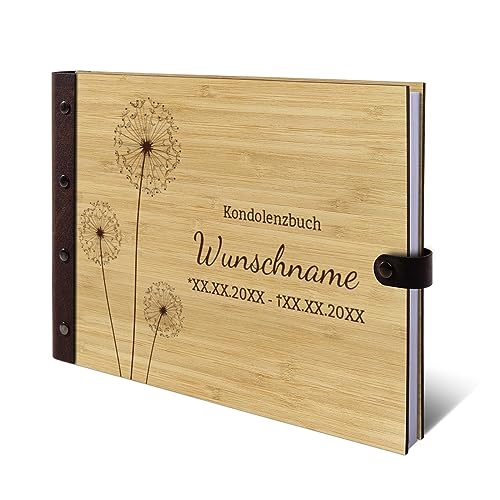 Personalisiertes Kondolenzbuch echtes Holz DIN A4 Gästebuch mit Lasergravur - Pusteblume - mit 72 Blatt / 144 Seiten Naturpapier Weiß von Kartenmachen.de