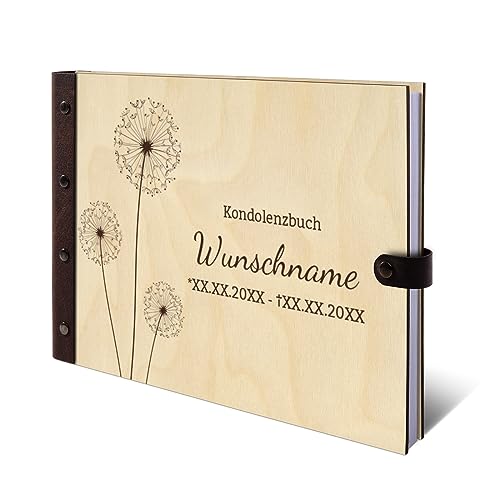 Personalisiertes Kondolenzbuch echtes Holz DIN A4 Gästebuch mit Lasergravur - Pusteblume - mit 72 Blatt / 144 Seiten Naturpapier Weiß von Kartenmachen.de