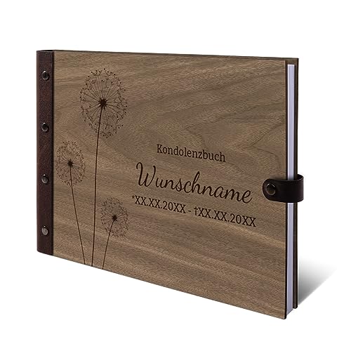 Personalisiertes Kondolenzbuch echtes Holz DIN A4 Gästebuch mit Lasergravur - Pusteblume - mit 72 Blatt / 144 Seiten Naturpapier Weiß von Kartenmachen.de