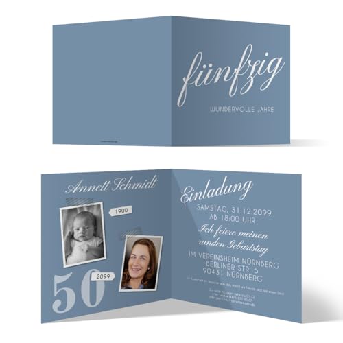 Runder 50. Geburtstag personalisierte Einladungskarten ab 10 bis 100 Stück selbst gestalten - Fünfzig wundervolle Jahre - Klappkarte, zwei Fotos, dickes Papier Runder 50. Geburtstag personalisierte Einladungskarten ab 10 bis 100 Stück selbst gestalten - Fünfzig wundervolle Jahre - Klappkarte, zwei Fotos, dickes Papier von Kartenmachen.de