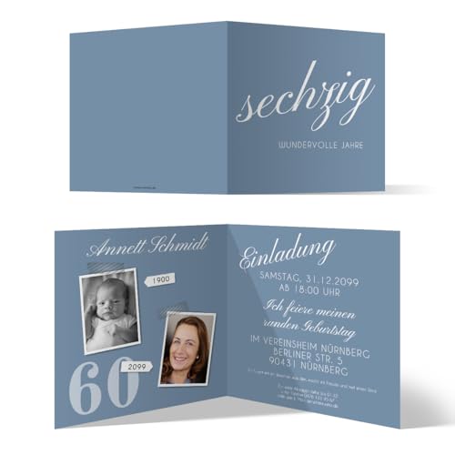 Runder 60. Geburtstag personalisierte Einladungskarten ab 10 bis 100 Stück selbst gestalten - Sechzig wundervolle Jahre - Klappkarte, zwei Fotos, dickes Papier Runder 60. Geburtstag personalisierte Einladungskarten ab 10 bis 100 Stück selbst gestalten - Sechzig wundervolle Jahre - Klappkarte, zwei Fotos, dickes Papier von Kartenmachen.de