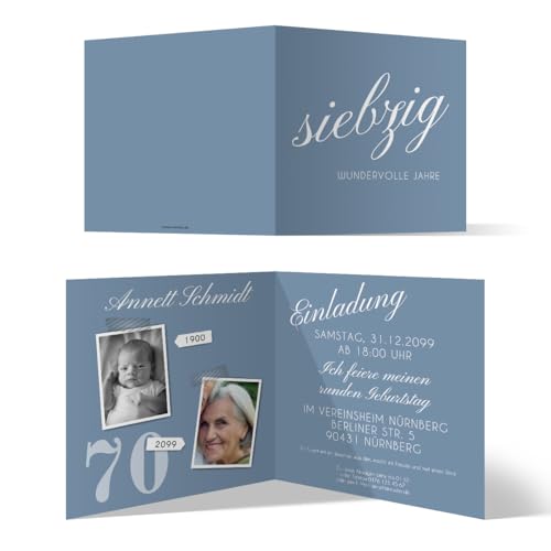 Runder 70. Geburtstag personalisierte Einladungskarten - siebzig wundervolle Jahre - Klappkarte, zwei Fotos, ab 10 Stück, dickes Papier von Kartenmachen.de