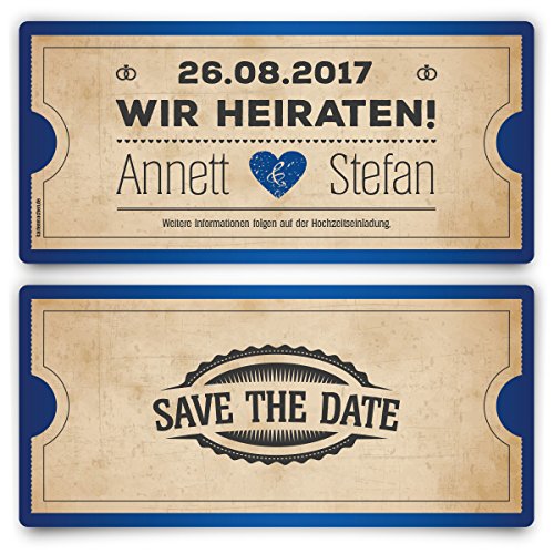 Save the Date Karten zur Hochzeit (20 Stück) - Vintage Herz in Blau von Kartenmachen.de
