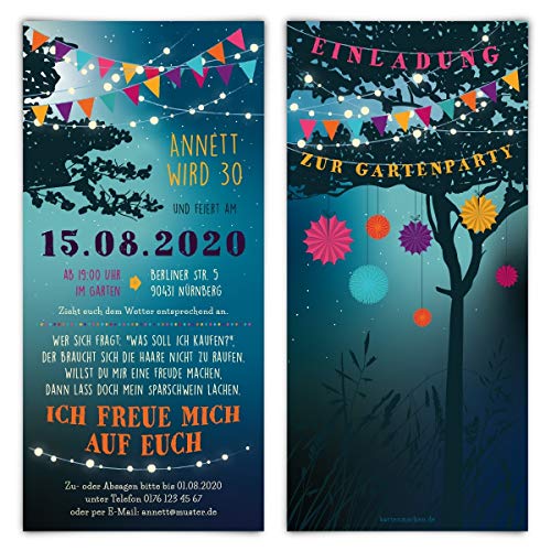 Selbst gestalten: Geburtstag Einladungskarten mit individuellemText - Gartenparty bei Nacht Einladungen in DIN Lang 210x98mm ab 10 Stück Sets, dickes Papier von Kartenmachen.de
