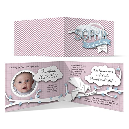 Tochter Taufe Einladungskarten personalisiert (30 Stück) - "Origami Feder in Rosa" - Taufeinladung Taufkarten, DIN A6 Klappkarte, eigenes Foto und Text von Kartenmachen.de
