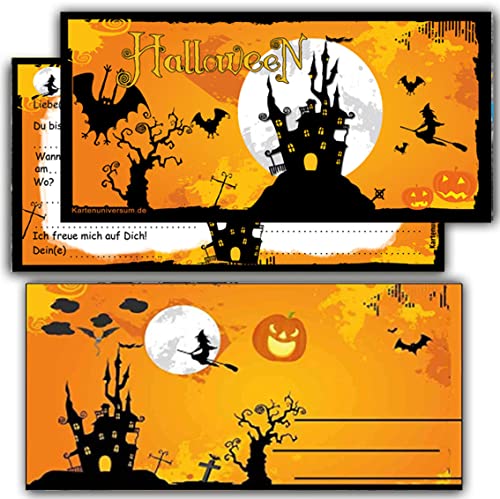 Einladung zu Halloween 12 Karten + Umschlag Einladungskarten Kindergeburtstag Erwachsene Motiv Halloweenparty Grusel-Party Horror-Party Set Hexe Sarg gruselig Vampir von Kartenversand24