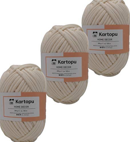3x200gr Home Decor -weiches Textilgarn- gleichmäßige Einfärbung und Garnstärke- Häkelgarn für Kissenhüllen, Taschen, Häkeldecken- Jersey Garn in großer Farbauswahl (025 rohweiß) von Kartopu